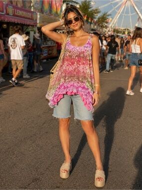 Testament Anthropology Pink Floral Layered Sleeveless Tank Top SZ L Cottagecore